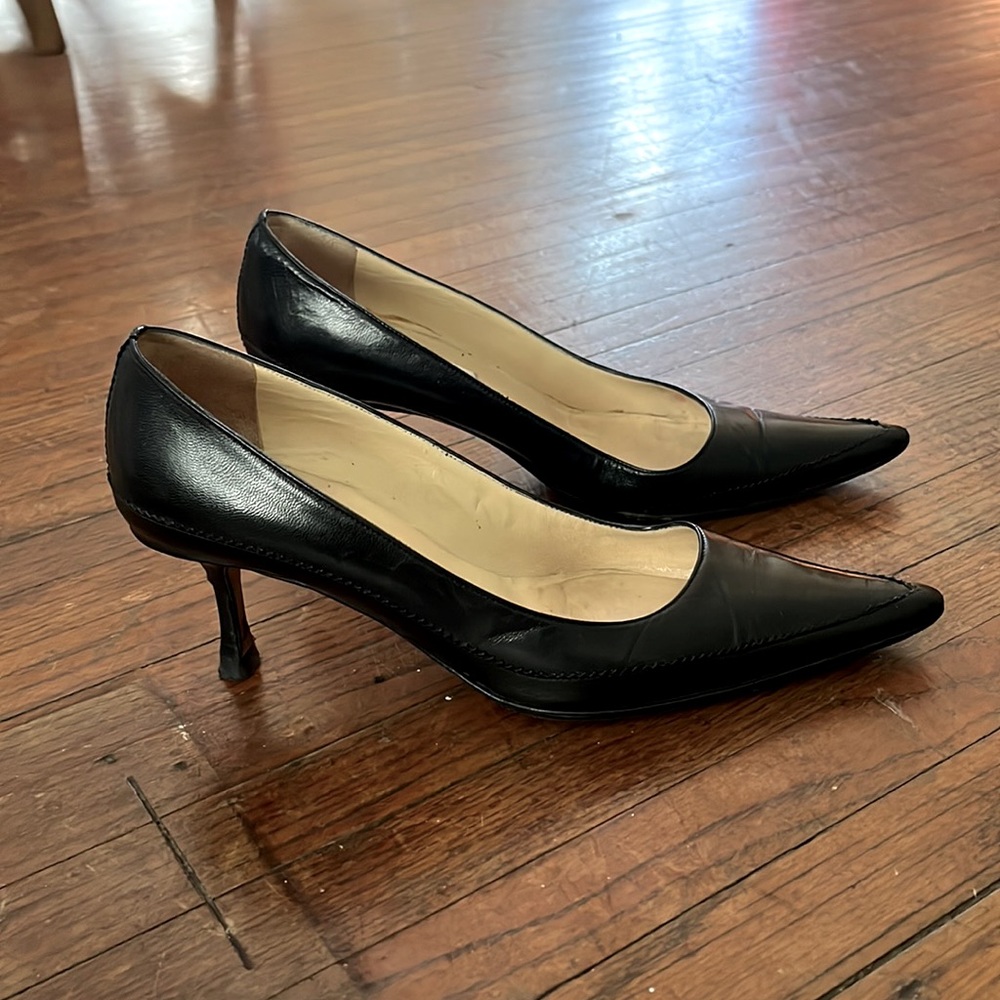 Jimmy Choo beautiful black leather stitch detail pumps VGUC re-soled and ready!